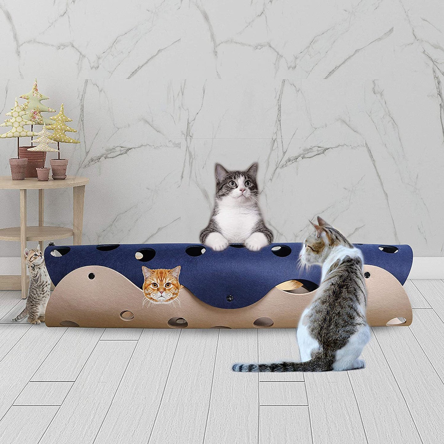 Cat sitting beside Hideaway Cat Tunnel in room setting