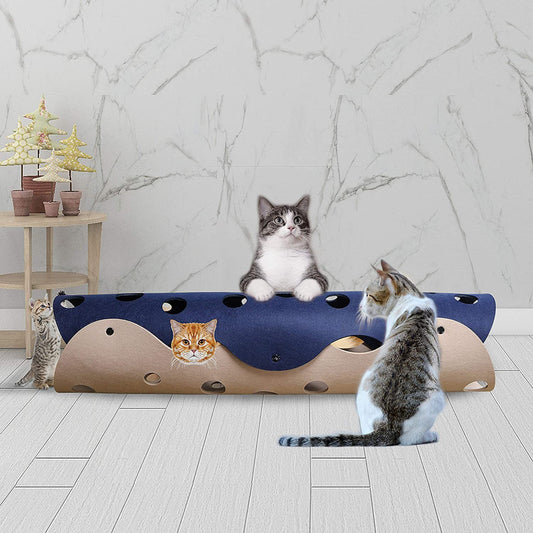 Cat sitting beside Hideaway Cat Tunnel in room setting